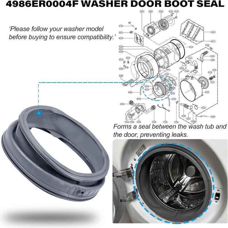 FHRHRY 4986ER0004F Washer Door Boot Seal Gasket Bellow Diaphragm for LG Kenmore Washing Machine WM2250CW WM2101HW WM2050CW WM2301HR WM2240CW,etc. Replace 4986ER0004J 4986ER0004K 4986ER0004M 4986ER0004N - Image 4